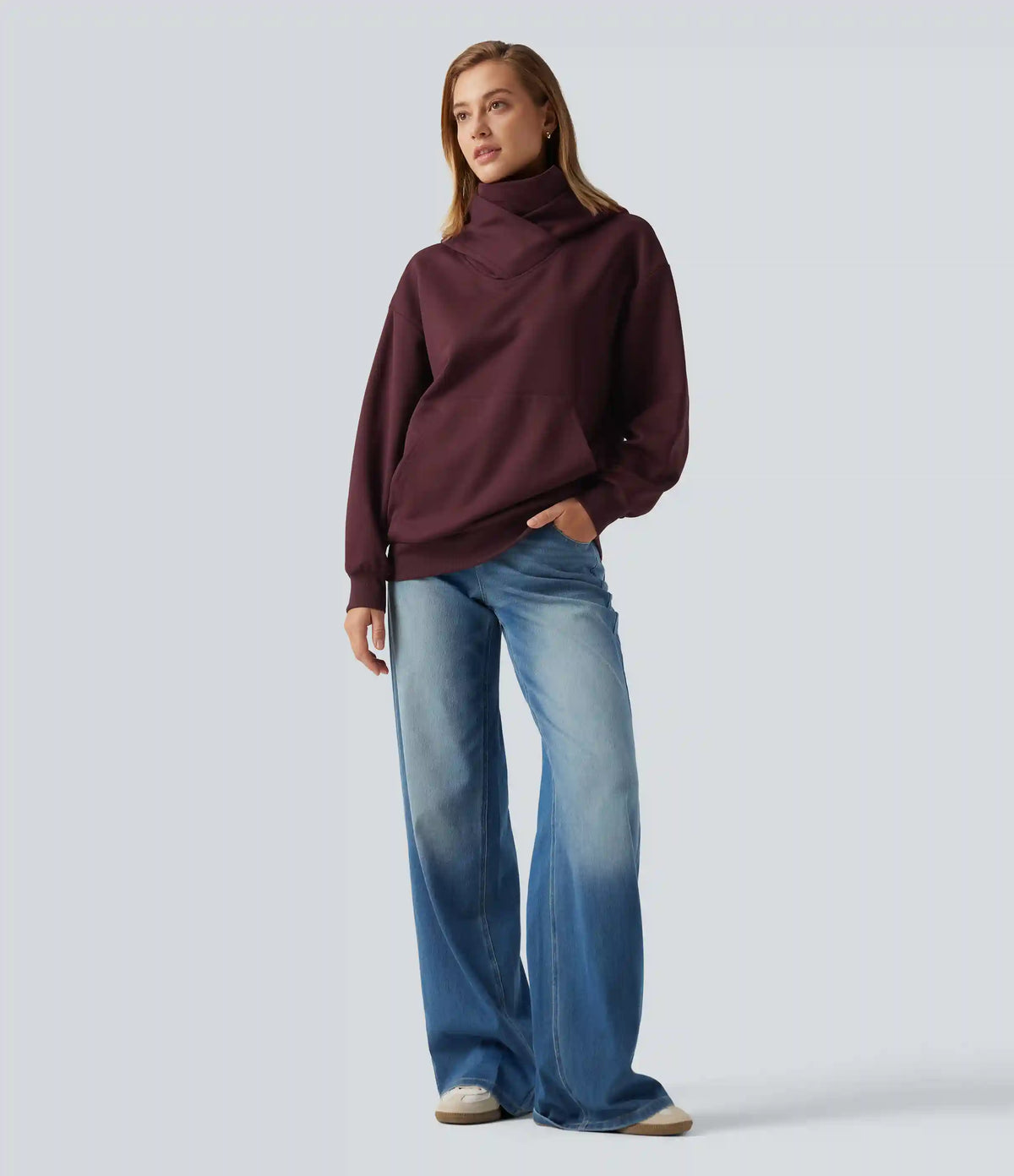 Hooded Crossover Dropped Long Sleeve Fleece Casual Sweatshirt with Pocket