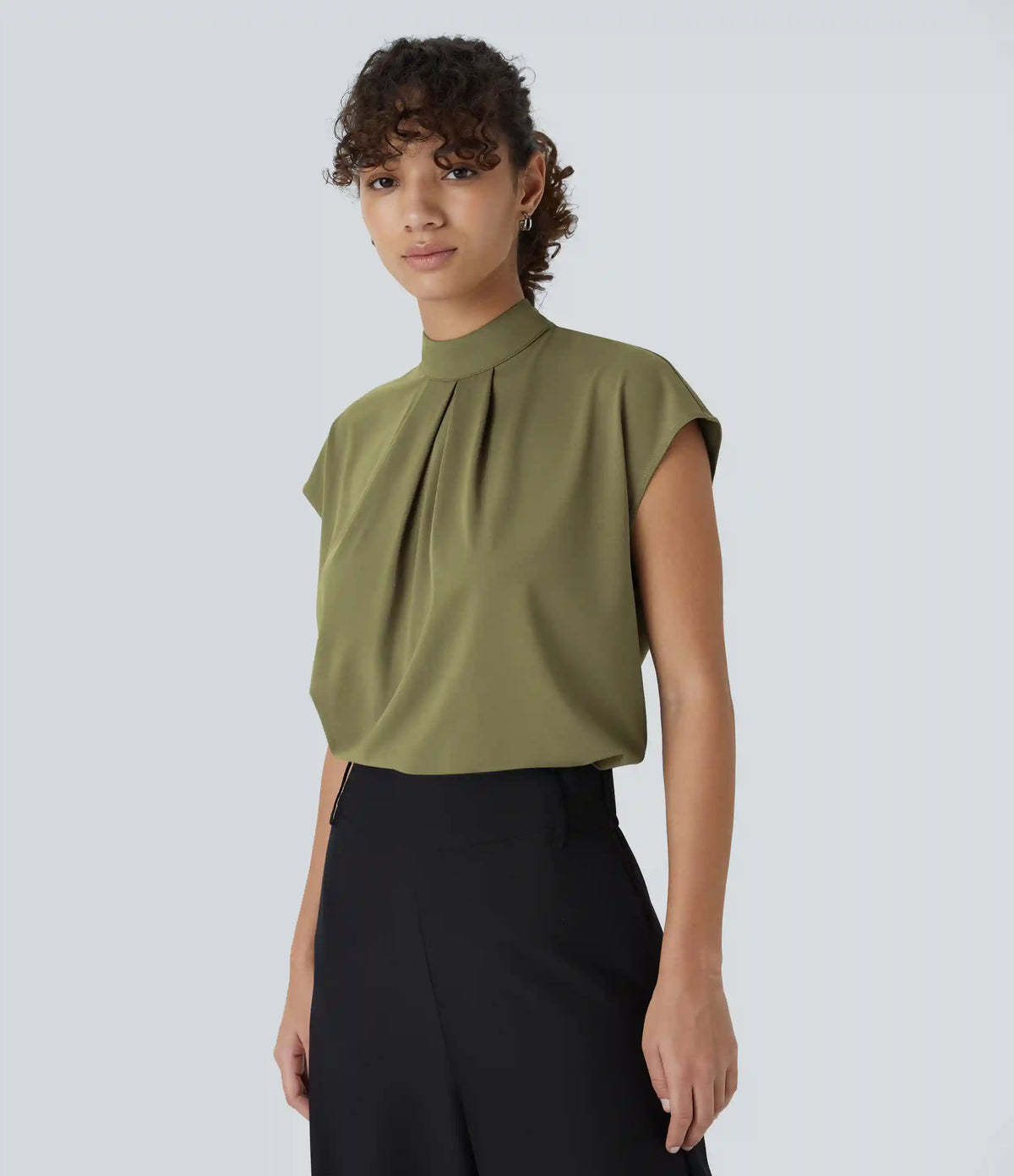 Stand Collar Back Cap Sleeve Work Blouse