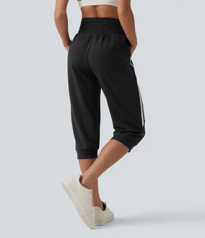 High Waisted Drawstring Stripe Capri Casual Joggers with Pockets
