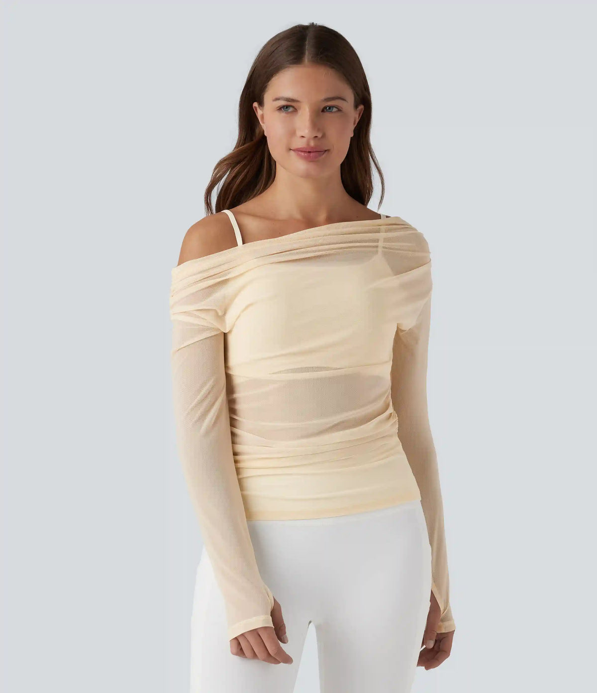 One-shoulder Long Sleeve Thumb Holes Ruched Mesh 2-in-1 Yoga Sports Top
