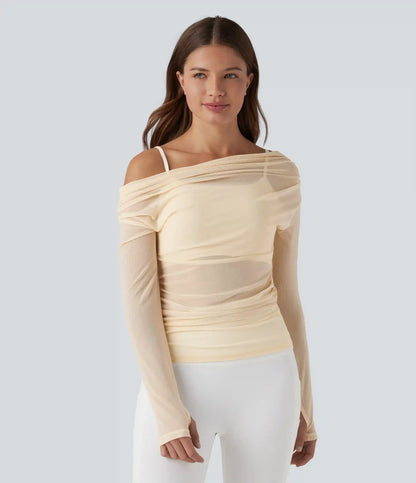 One-shoulder Long Sleeve Thumb Holes Ruched Mesh 2-in-1 Yoga Sports Top