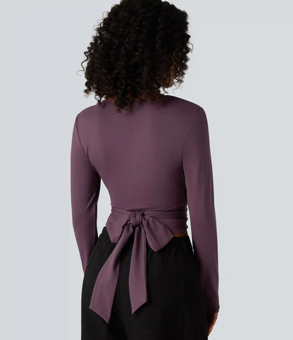 V Neck Long Sleeve Lace Up Work Top