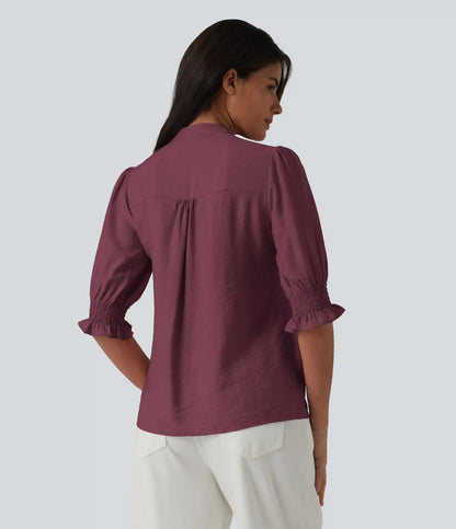 V Neck Puff Short Sleeve Casual Blouse