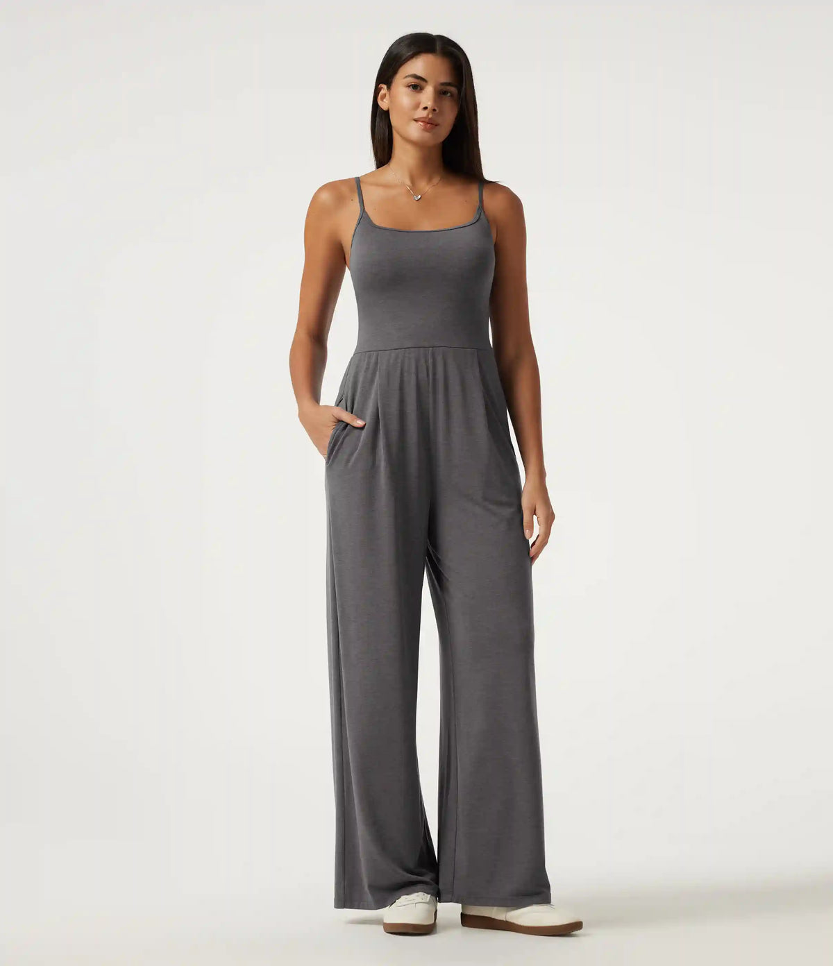 U-Neck Sleeveless Built-in Bra Ruched Baggy Casual Jumpsuit with Pockets-Easy Peezy Edition