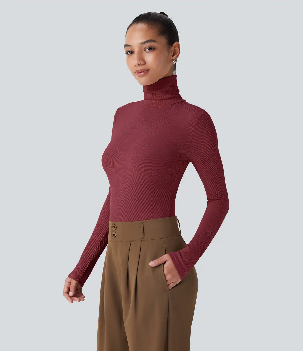 Ribbed Knit High Collar Long Sleeve Casual Top