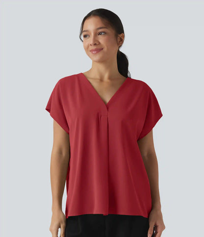 Wrinkle Recovery V-neck Short Sleeve Oversized Work Blouse