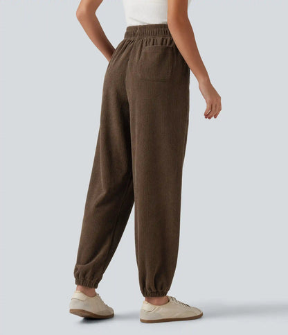 High Waisted Drawstring Tapered Corduroy Casual Joggers with Pockets
