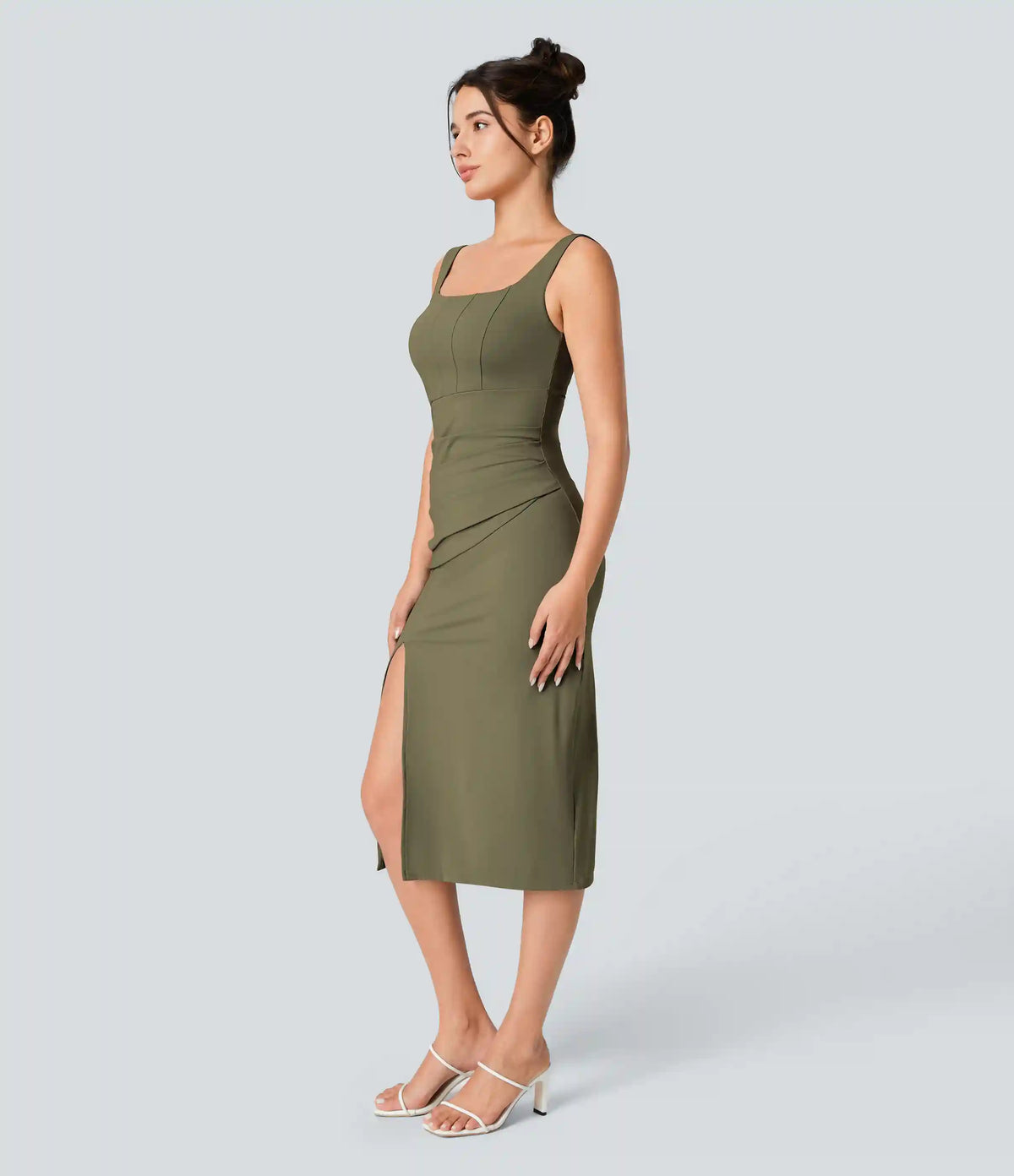 SoftlyZero™ Airy Square Neck Backless Corset Ruched Split Bodycon Midi InstantCool Bridesmaid and Wedding Guest Dress