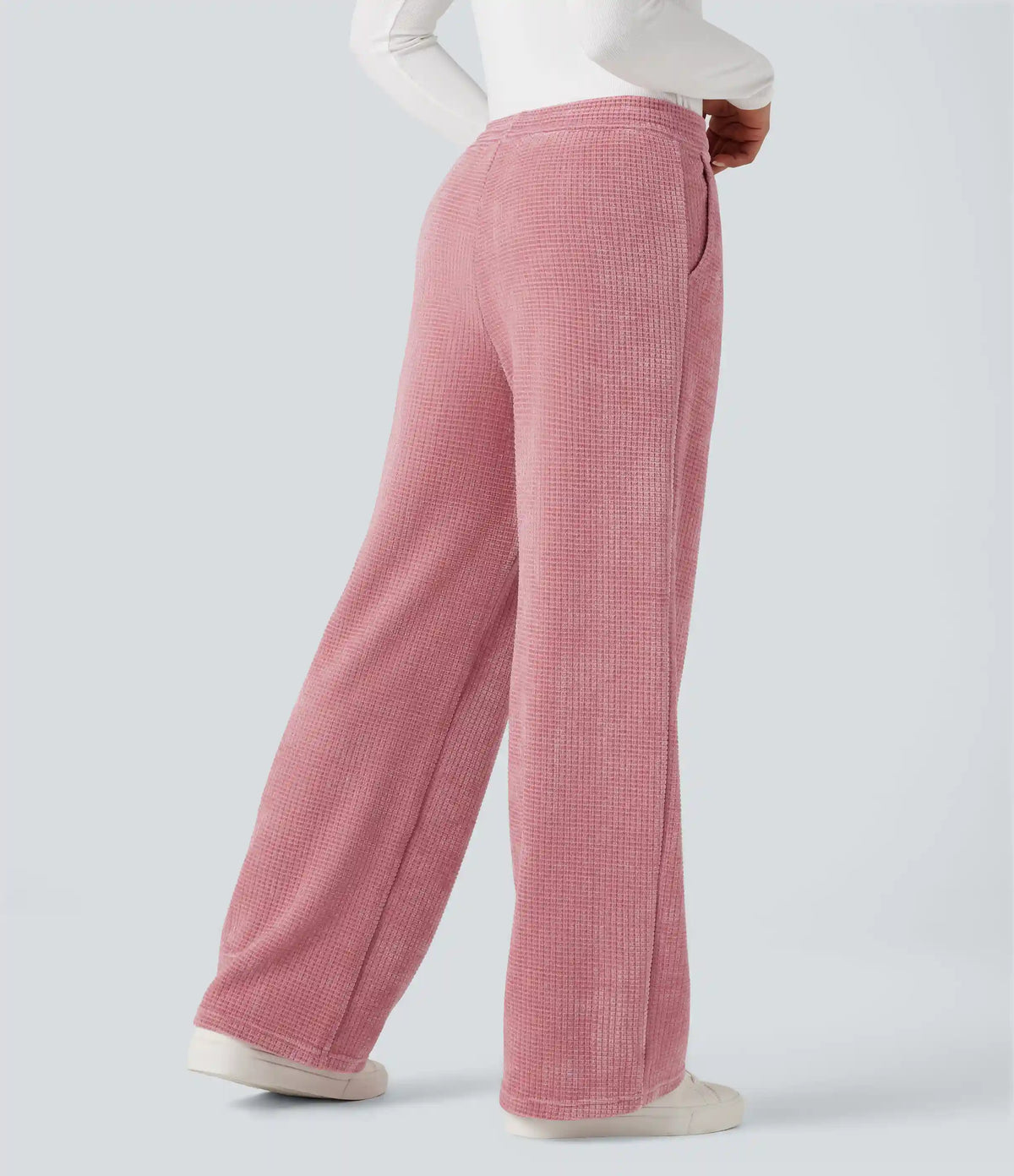 Mid Rise Chenille Waffle Casual Straight-leg Pants with Pockets