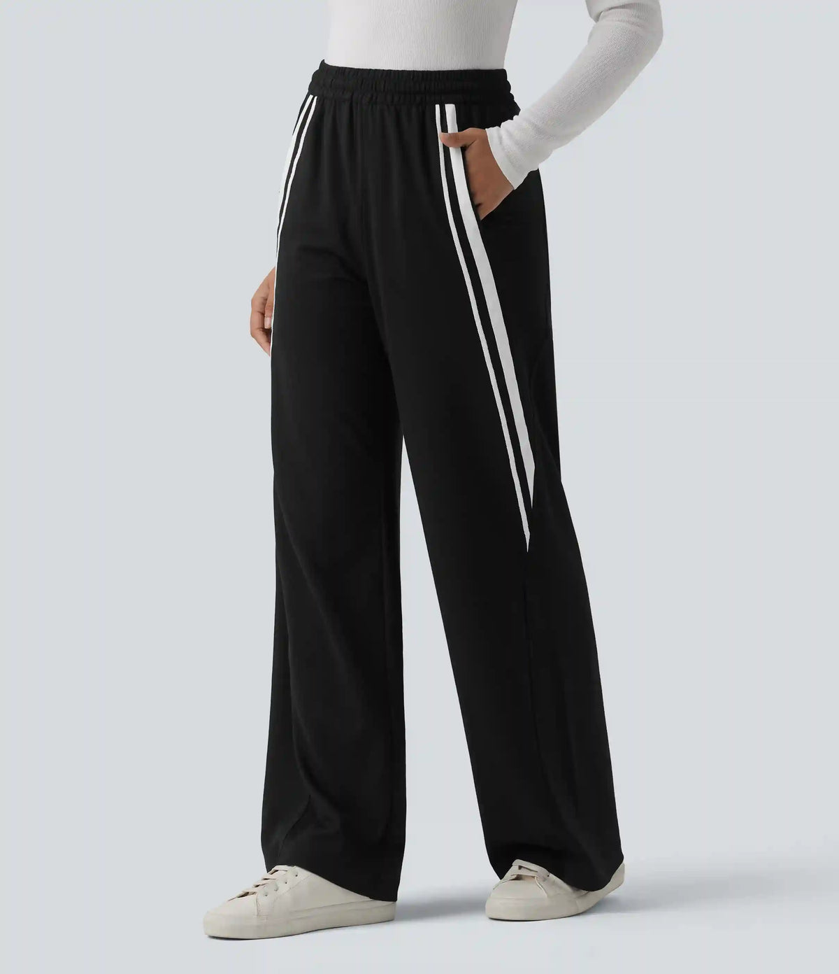 Mid Rise Inner Drawstring Wide Leg Color Block Casual Sweatpants with Pockets