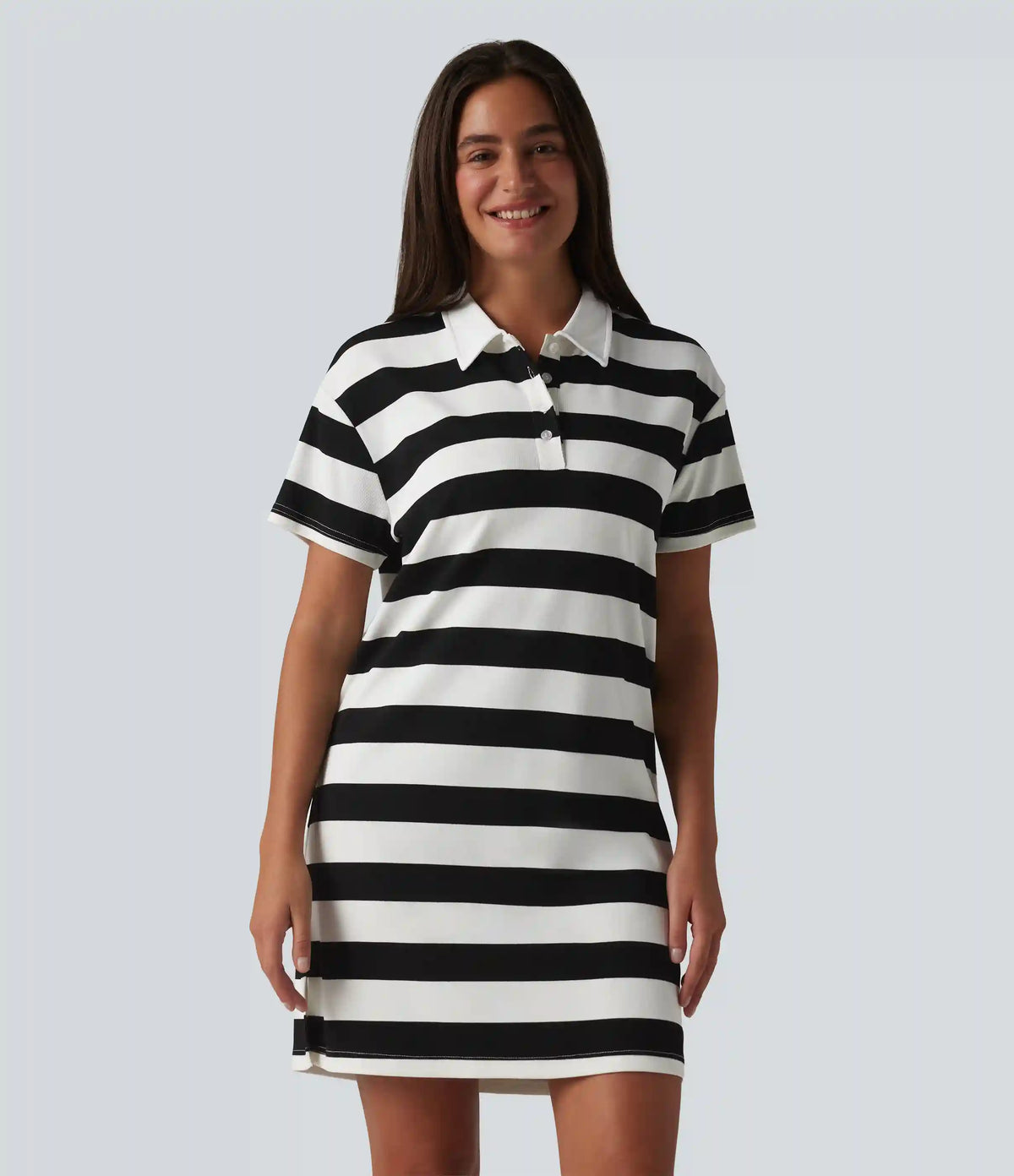 Polo Collar Short Sleeve Stripe Mini Casual Dress