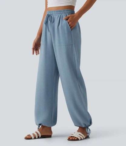 High Waisted Drawstring Wide Leg Casual Linen-Feel Joggers with Pockets
