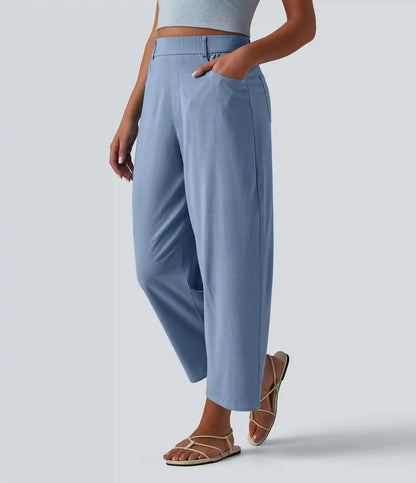 High Waisted Barrel Leg Casual Stretch Linen Pants with Pockets