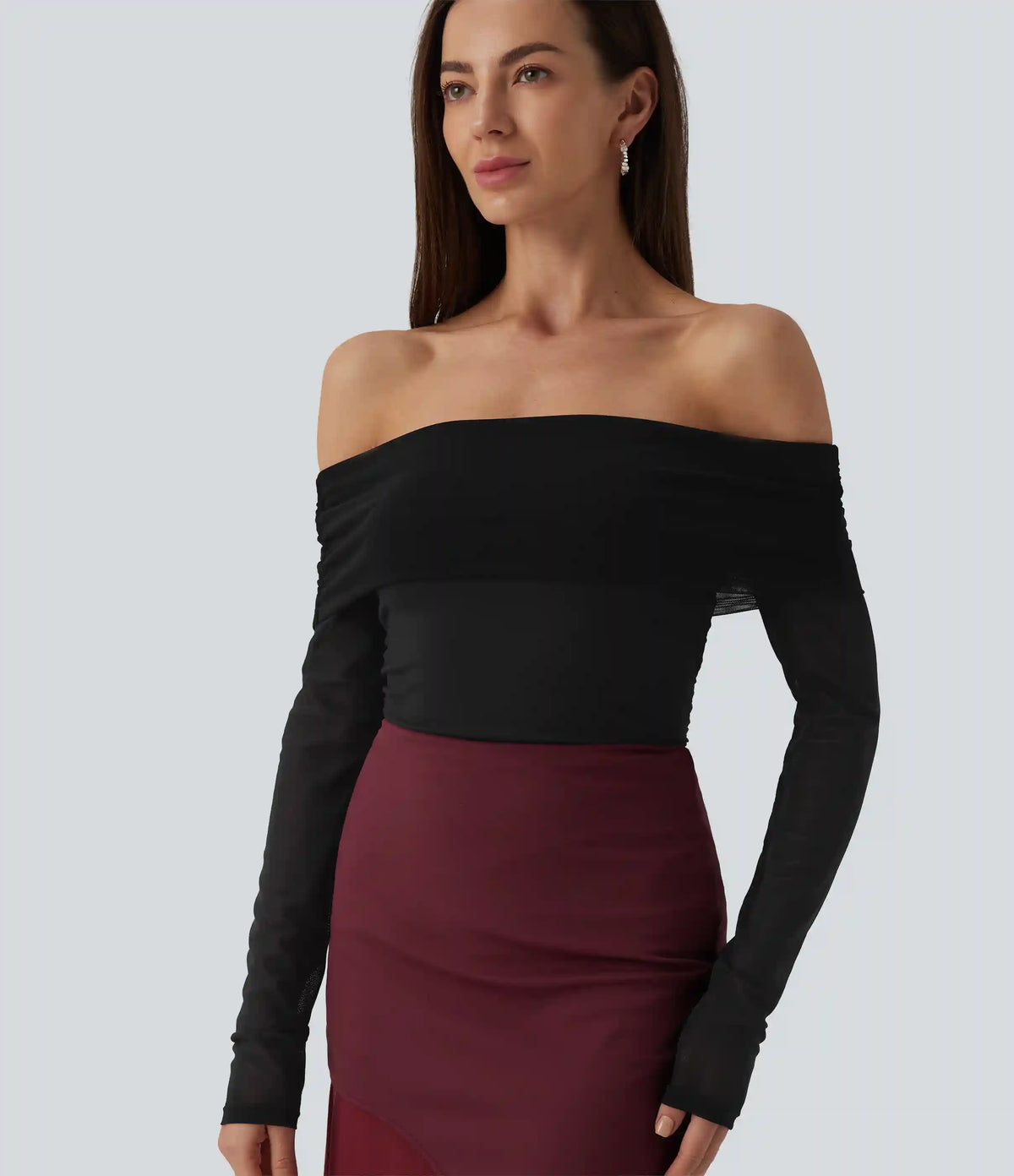 SoftlyZero™ Plush Off Shoulder Mesh Long Sleeve Top