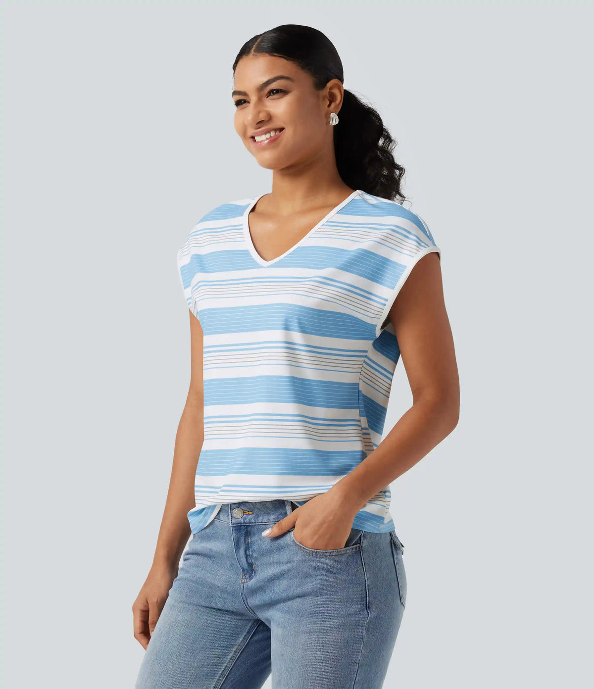 V Neck Short Sleeve Stripe Casual T-Shirt