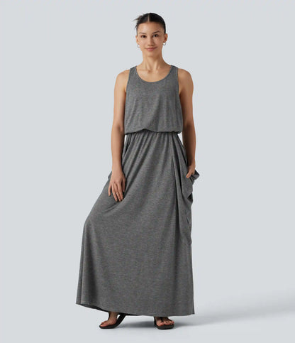 Sleeveless Cut-Out Back Maxi Casual Draped Dress with Pockets
