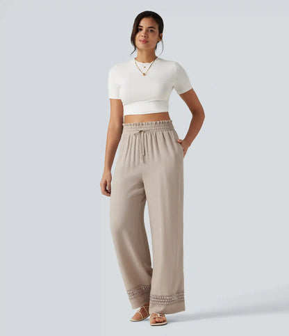High Waisted Drawstring Casual Linen-Feel Pants with Pockets