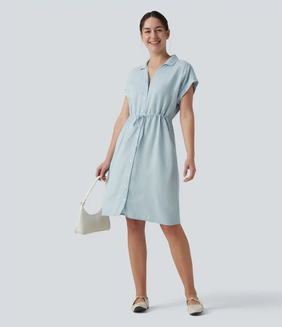Collared Drawstring Button Fly Draped Casual Denim Shirt Dress with Pockets