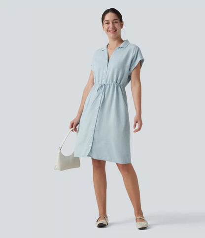 Collared Drawstring Button Fly Draped Casual Denim Shirt Dress with Pockets