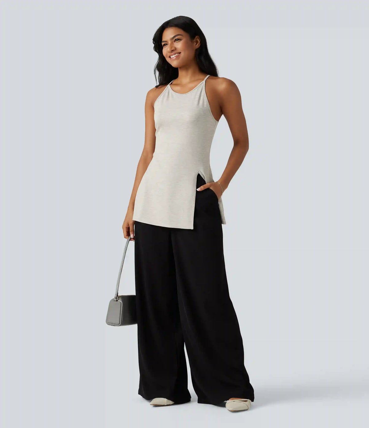 Round Neck Split Hem Slim Casual Tank Top