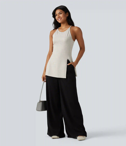 Round Neck Split Hem Slim Casual Tank Top