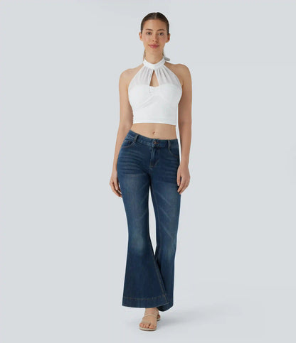 Halter Tie Back Cut Out Contrast Mesh Cropped Casual Top