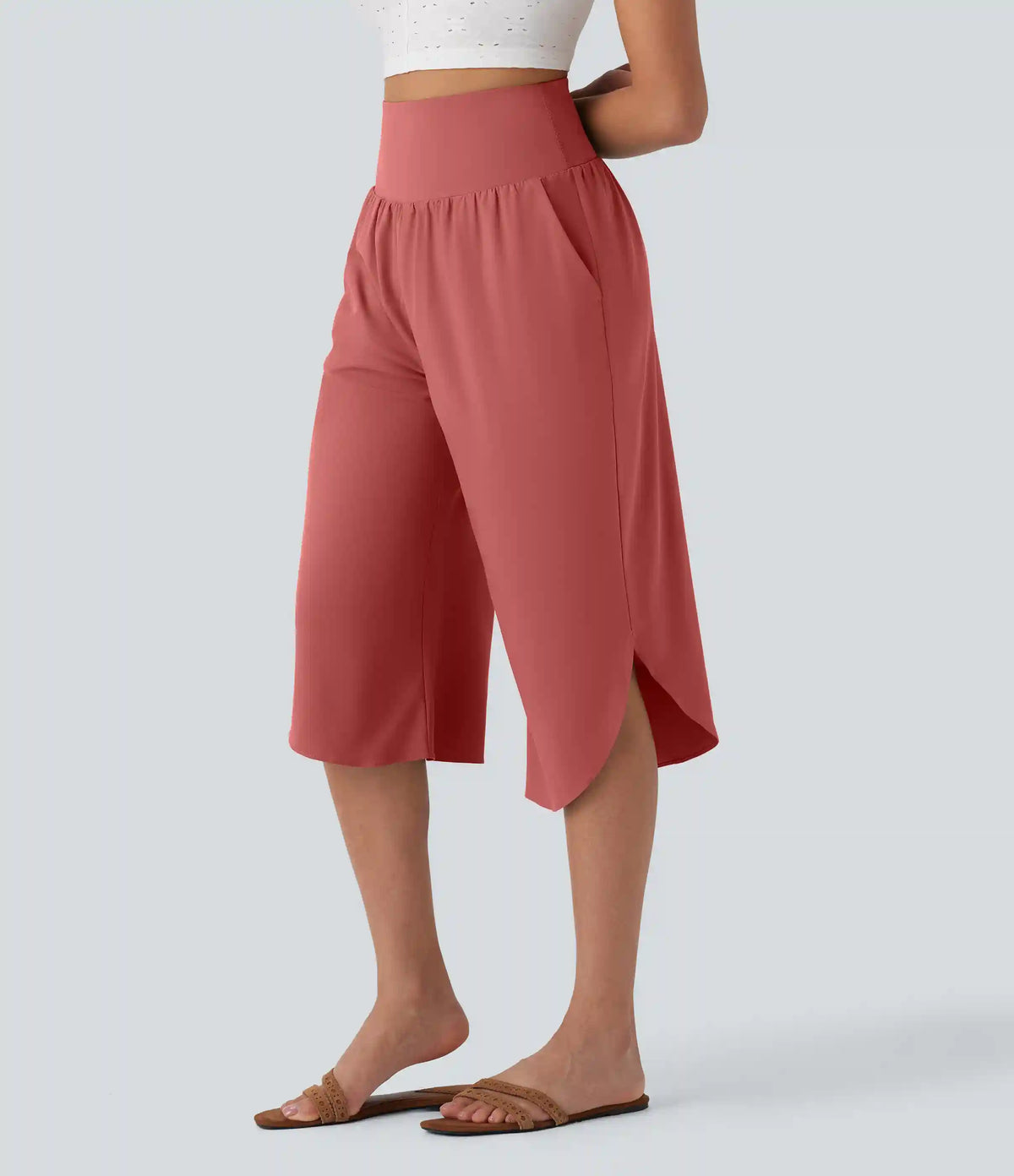 Breezeful™ High Waisted Tummy Control Hem Quick Dry Capri Pants with Pockets