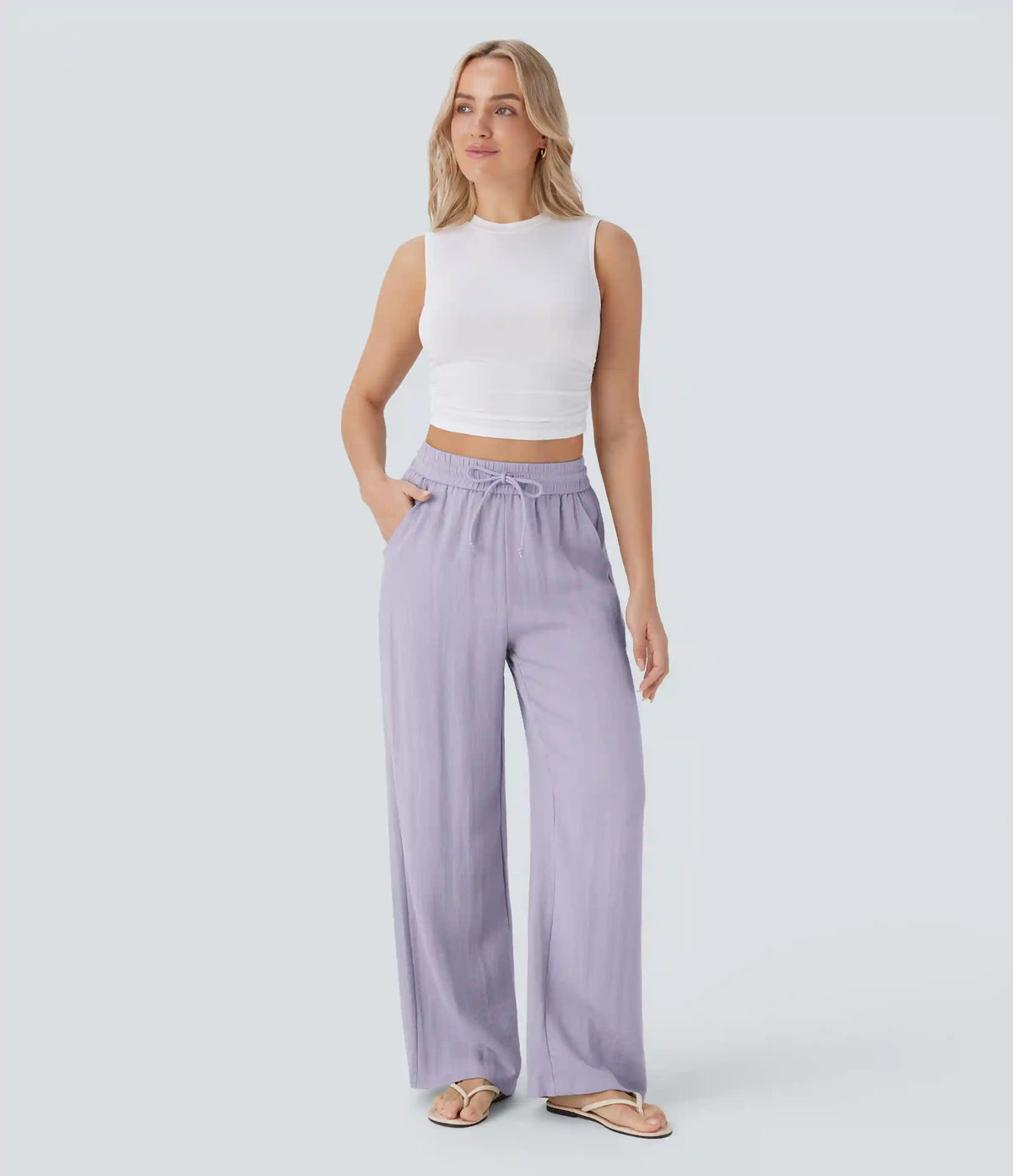 High Waisted Drawstring Pocket Wide Leg Baggy Casual Linen-Feel Pants