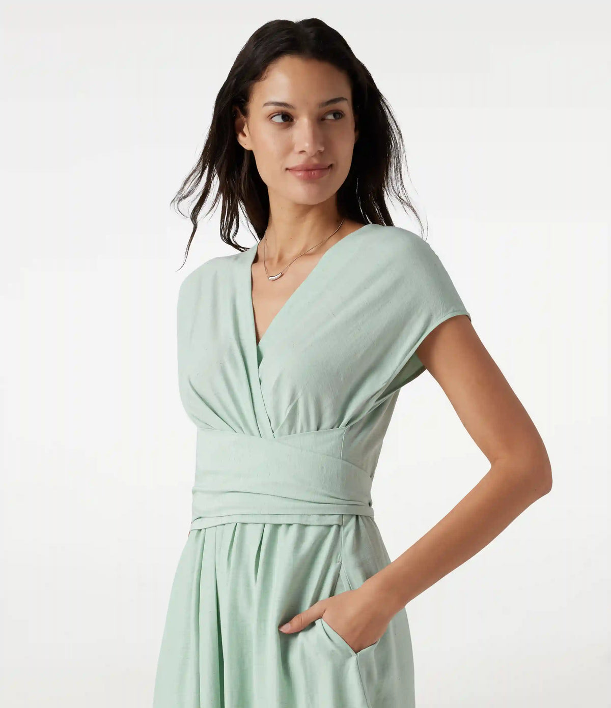 V Neck Short Sleeve Tie Back Midi Casual Linen-Blend Flowy Dress with Pockets