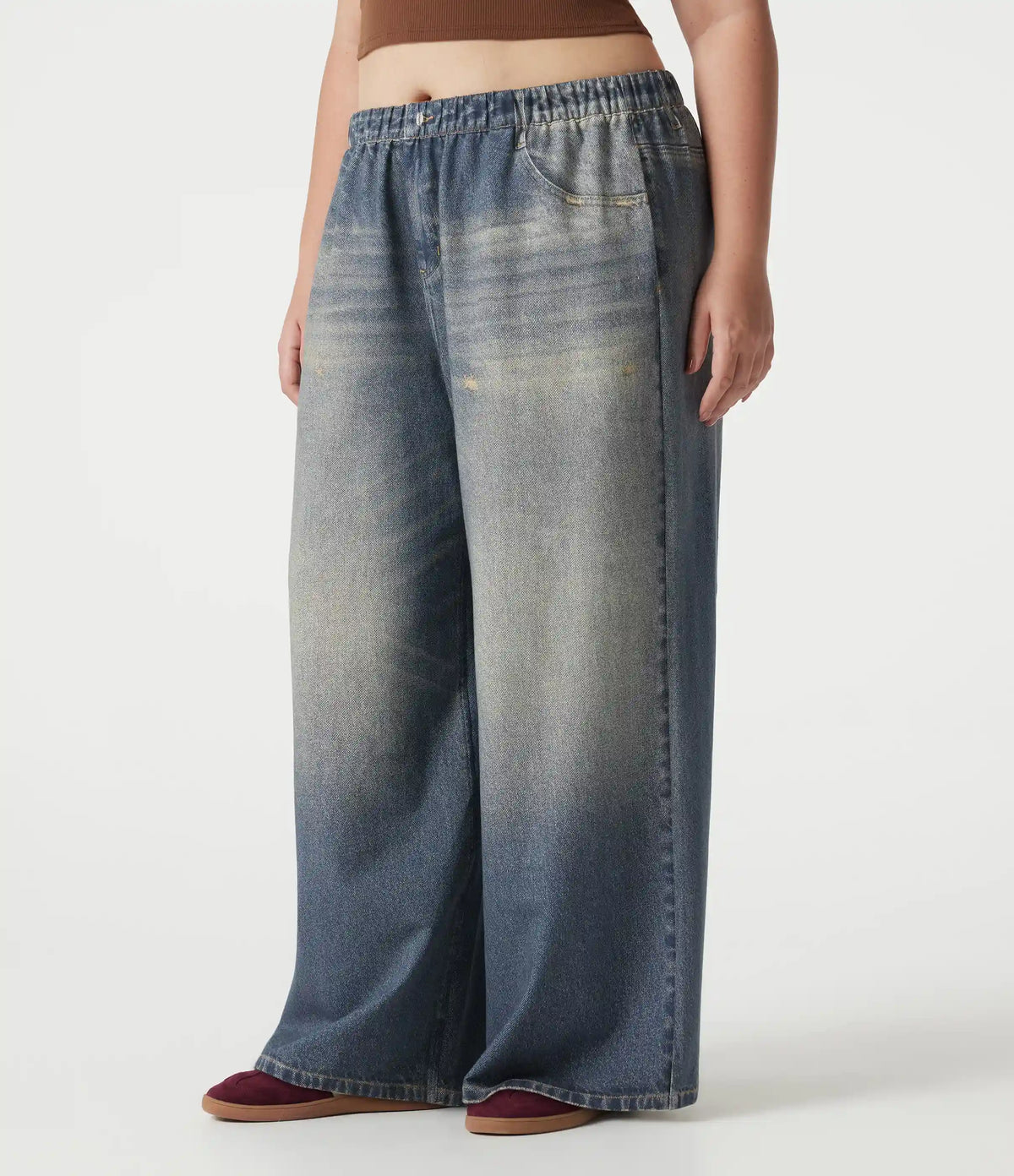 Plus Size Mid Rise Denim Print French Terry Casual Sweatpants Jeans with Pockets