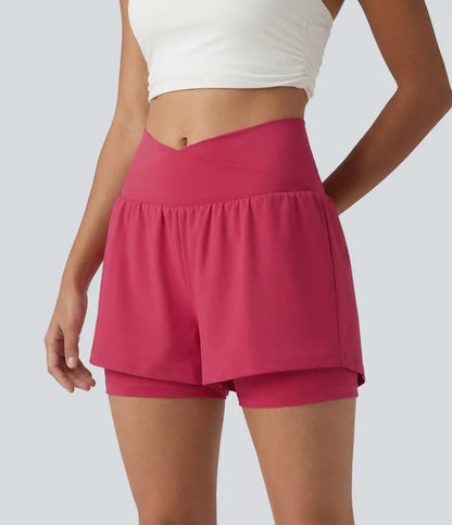 SoftlyZero™ Airy High Waisted Crossover 2-in-1 InstantCool Yoga Shorts 5'' with Pockets