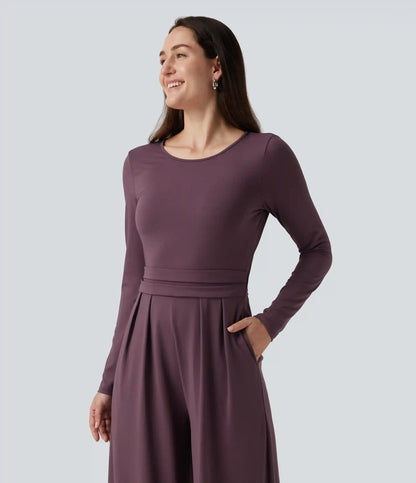 Round Neck Long Sleeve Wide Leg Casual Jumpsuit with Pockets-Easy Peezy Edition