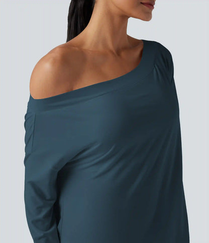 One Shoulder Long Sleeve Thumb Hole Curved Hem High Low Quick Dry Yoga Sports Top-Built-in Bra