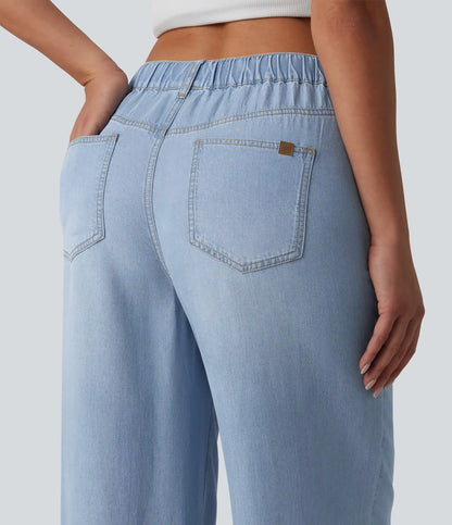 Mid Rise Drawstring Casual Jeans with Pockets