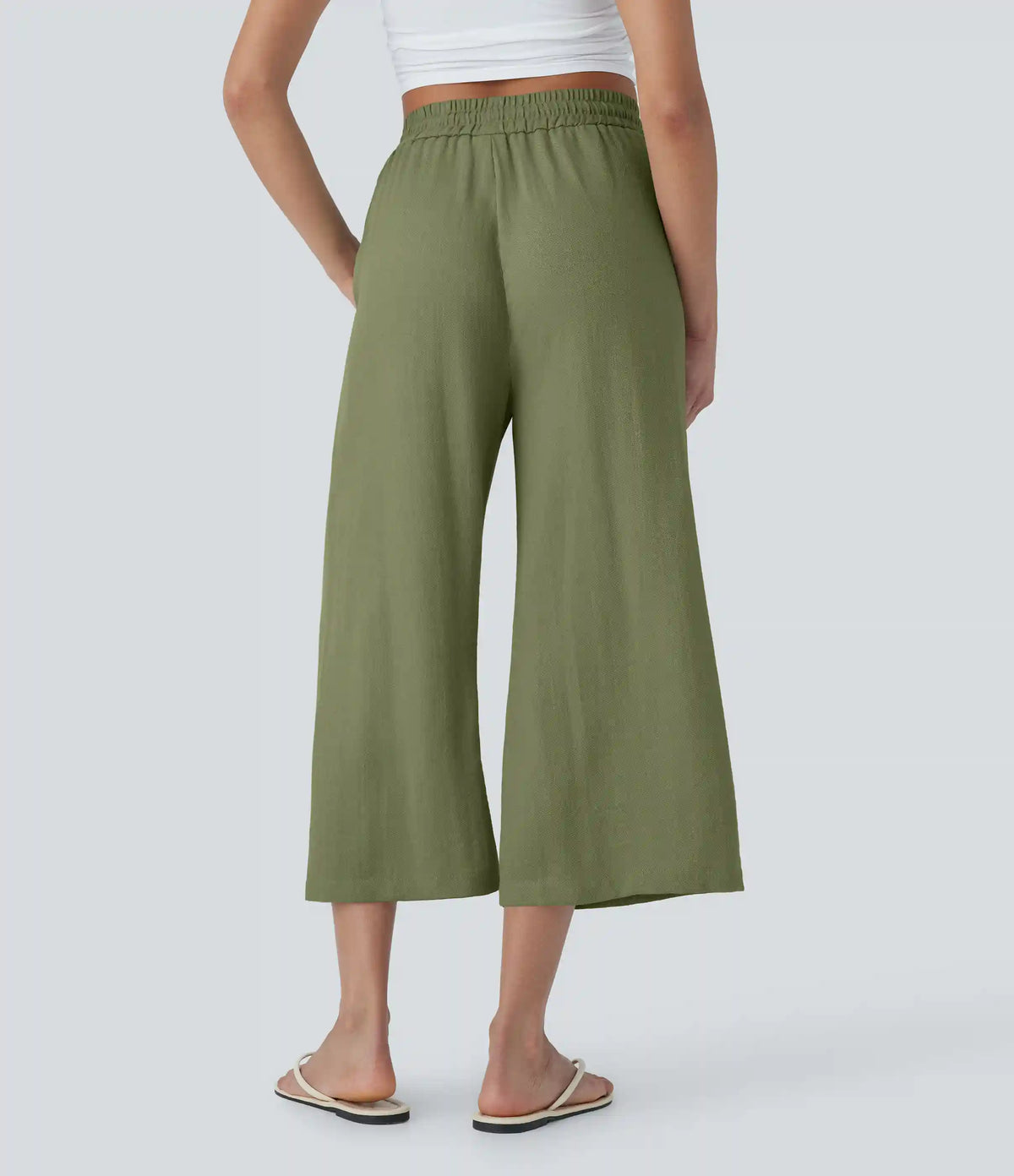 High Waisted Drawstring Wide Leg Cropped Casual Linen-Feel Pants with Pockets