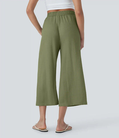 High Waisted Drawstring Wide Leg Cropped Casual Linen-Feel Pants with Pockets