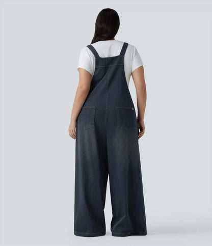 Plus Size Halara Flex™ Square Neck Washed Denim Casual Overalls with Pockets