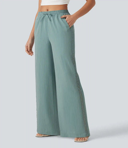 Mid Rise Drawstring Contrast Lace 2-in-1 Casual Linen-Feel Baggy Pants with Pockets