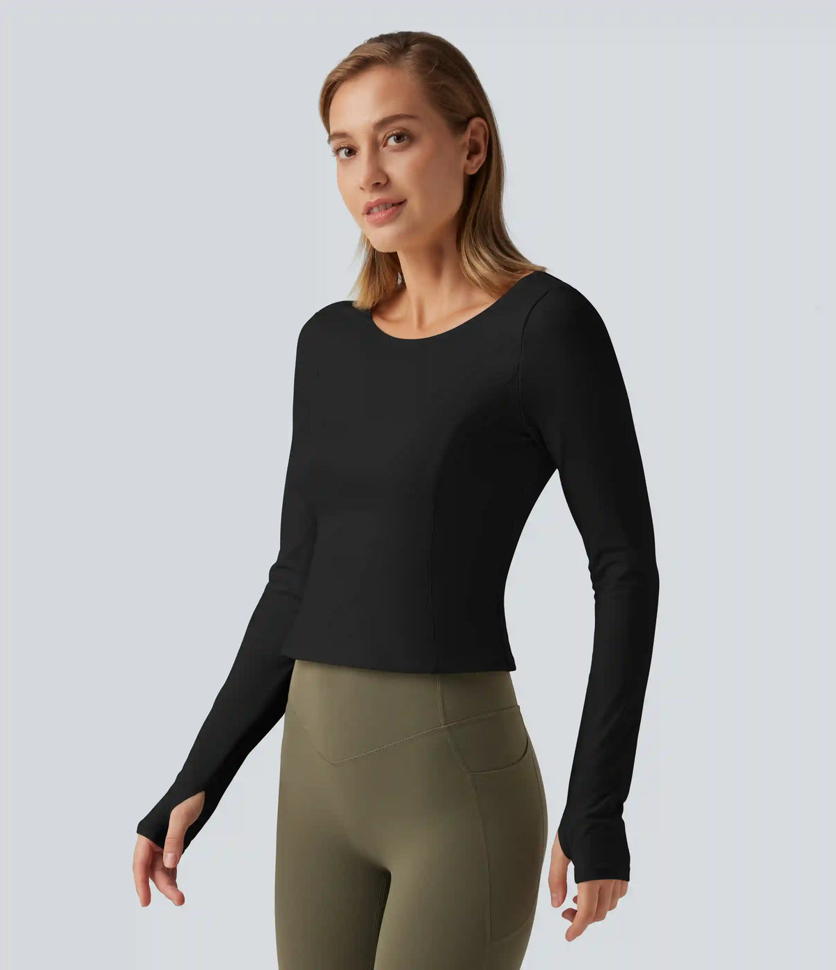 SoftlyZero™ Plush Round Neck Thumb Hole Long Sleeve Yoga Sports Top with Built-in Bra
