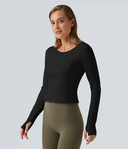 SoftlyZero™ Plush Round Neck Thumb Hole Long Sleeve Yoga Sports Top with Built-in Bra