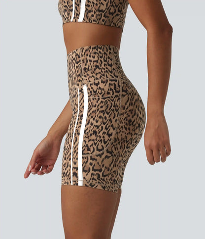 Halara UltraSculpt™ Leopard Print High Waisted Tummy Control Color Block Stripes Training Biker Shorts 7'' with Pockets