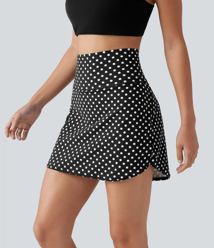 Ultra High-Waist Tummy Control Curved Hem 2-in-1 Polka Dot Golf Mini Skirt with Pockets