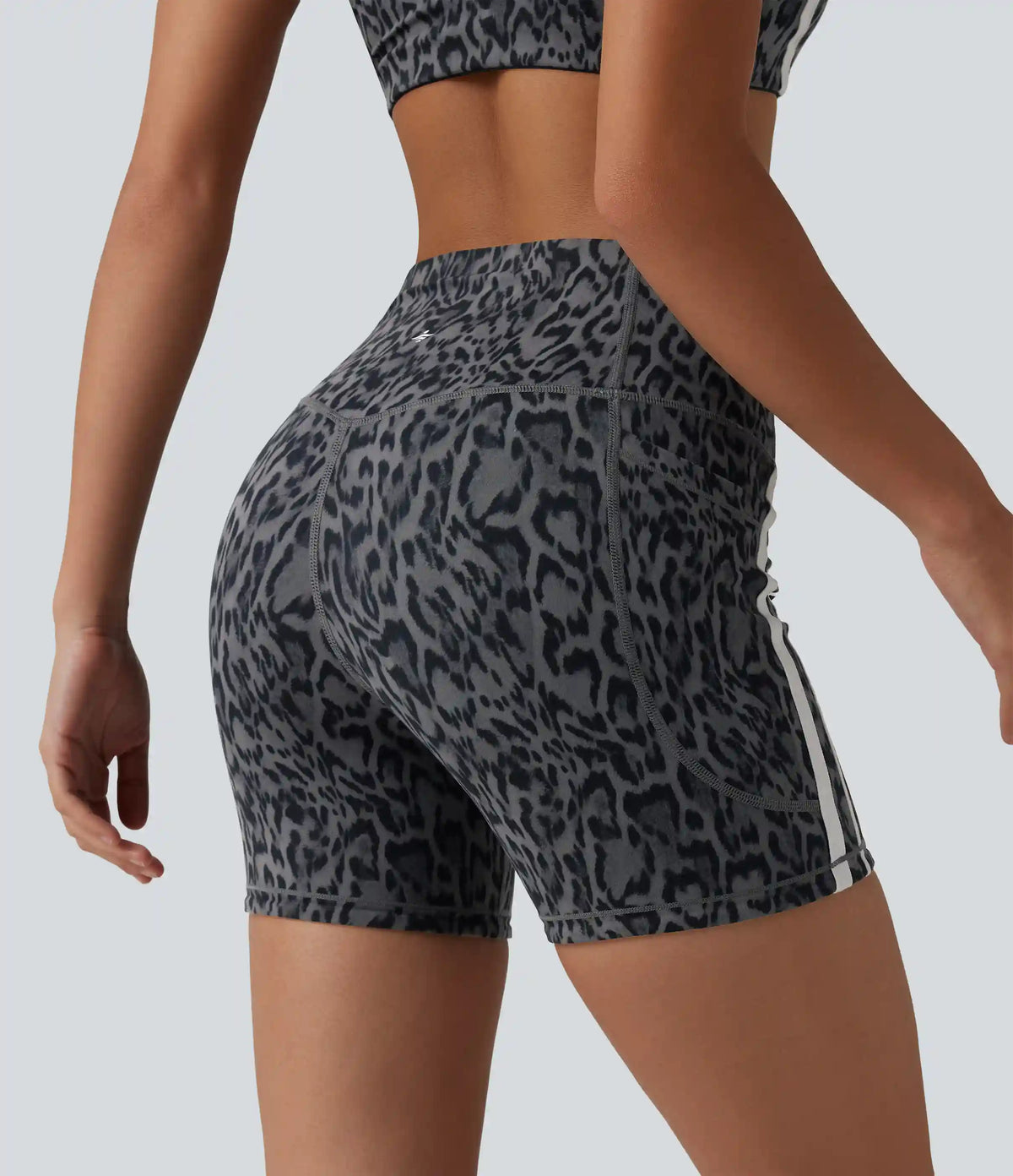 Halara UltraSculpt™ Leopard Print High Waisted Tummy Control Color Block Stripe Training Biker Shorts 5'' with Pockets