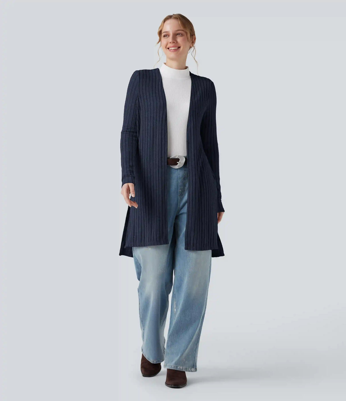 Ribbed Knit Long Sleeve Split Casual Cardigan