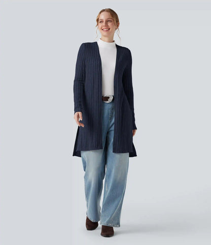 Ribbed Knit Long Sleeve Split Casual Cardigan