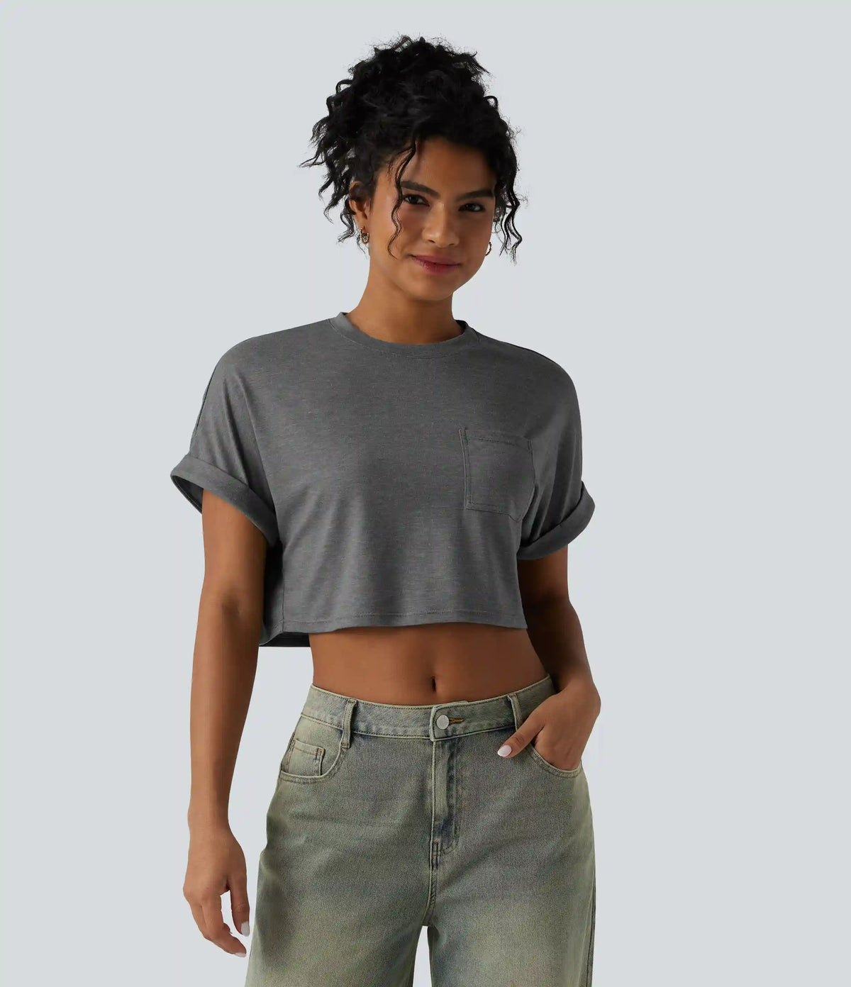 Round Neck Short Sleeve Relaxed Cropped Heathered Casual T-Shirt with Pocket