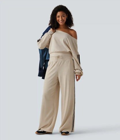 High Waisted Drawstring Wide Leg Side Stripe Waffle Casual Pants with Pockets