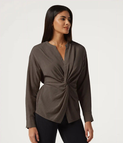 V Neck Twisted Long Sleeve Tie Back Casual Linen-Feel Blouse