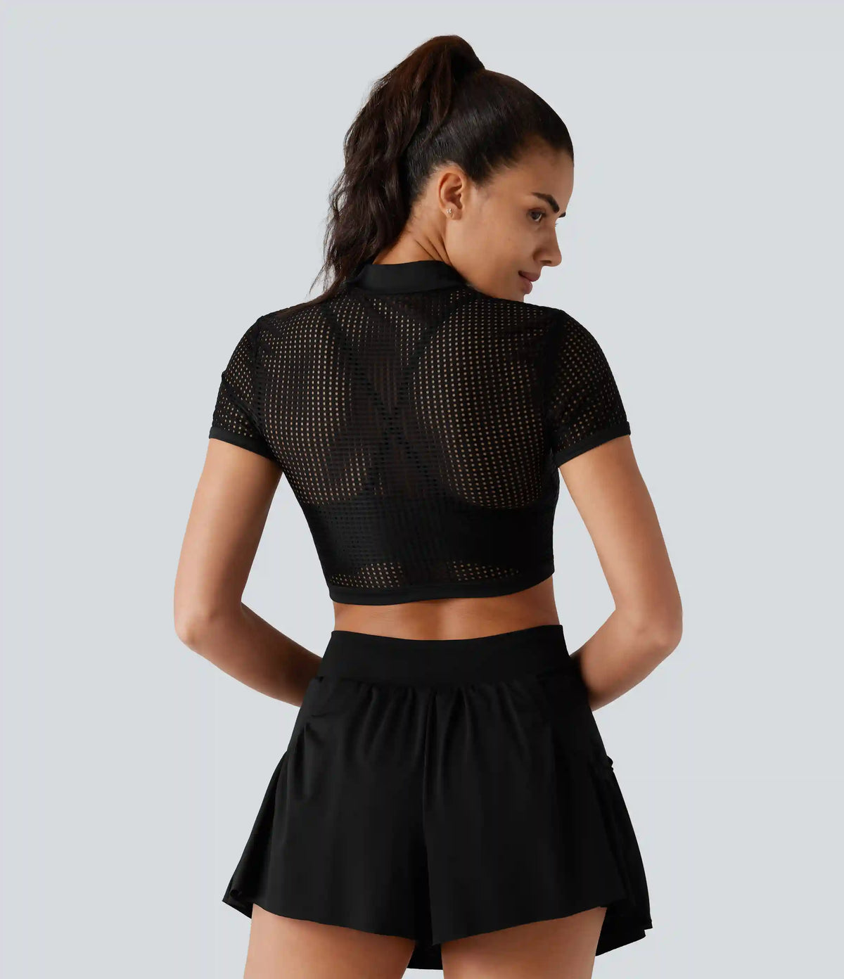 Mock Neck Short Sleeve Eyelet Cropped Running Sports Top-No Sports Bra Included