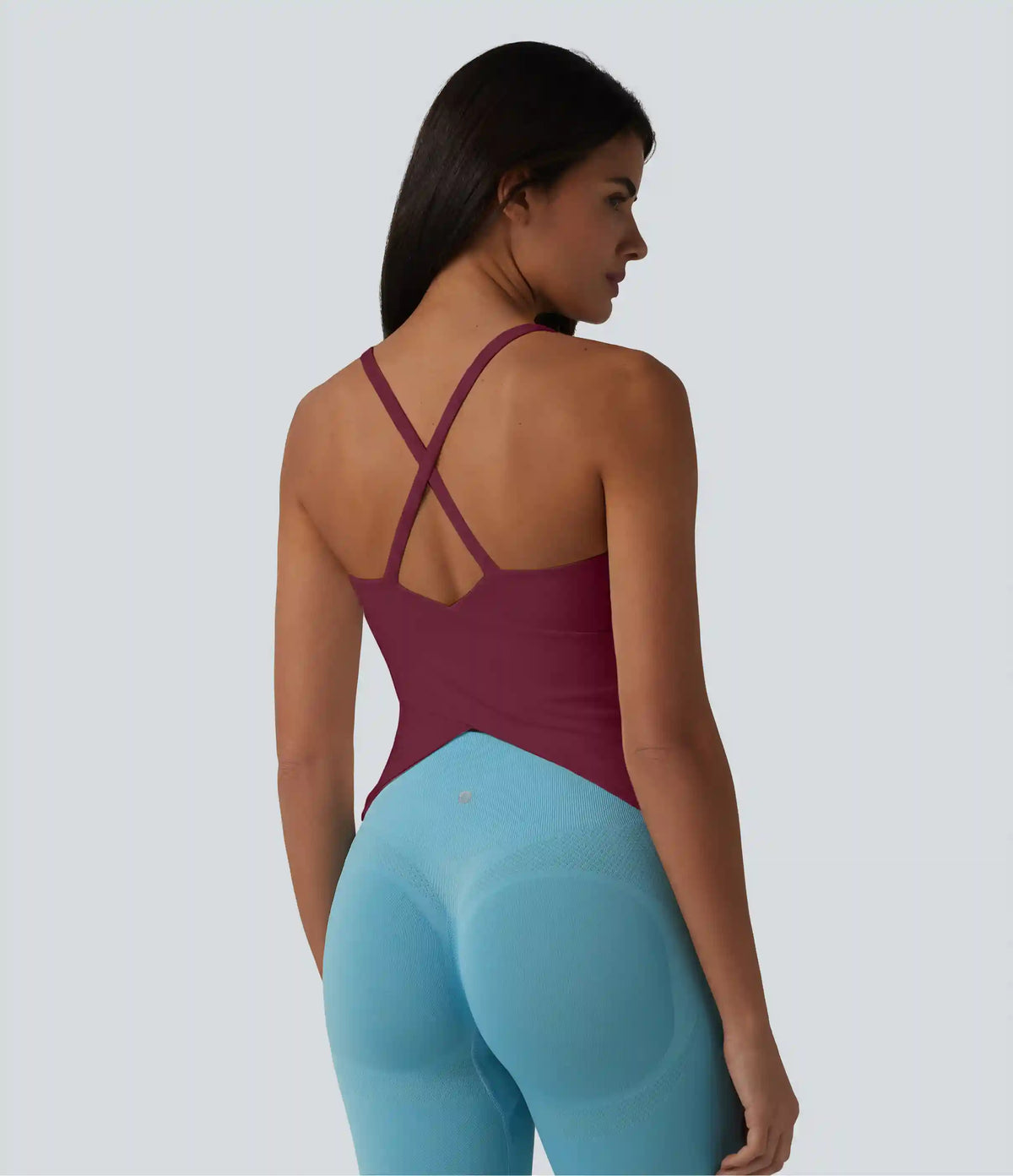 Scoop Neck Crisscross Back Crossover Hem Built-in Bra Yoga Cami Top DD-F Cups